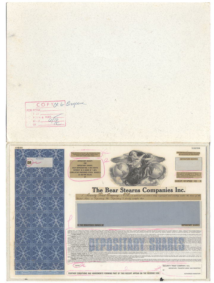 Extremely rare Working Proof from BEar Stearns for the company's Depositary Shares