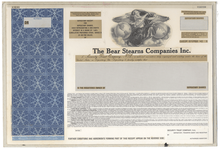 Extremely rare Working Proof from BEar Stearns for the company's Depositary Shares