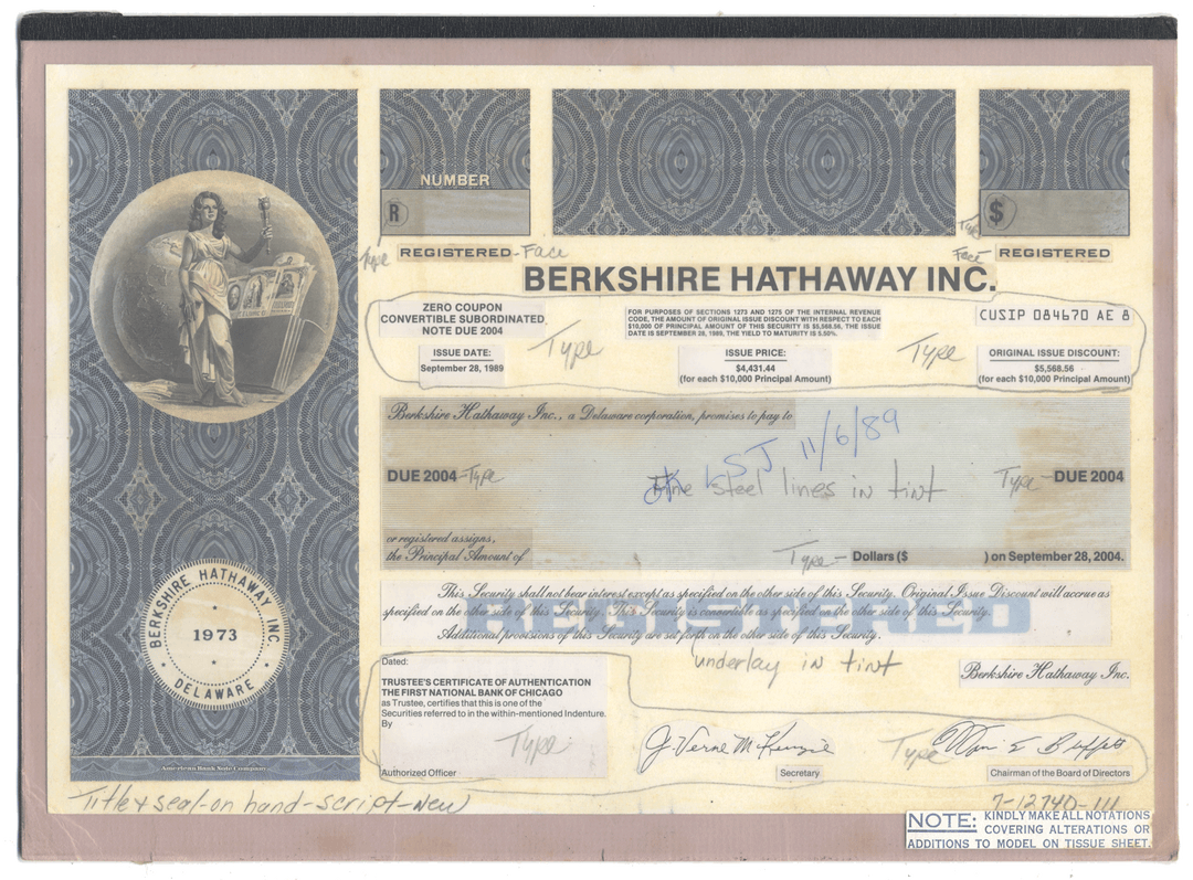 Working Proof from BERKSHIRE HATHAWAY for one the company's Convertible Subordinated Notes