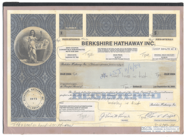Working Proof from BERKSHIRE HATHAWAY for one the company's Convertible Subordinated Notes