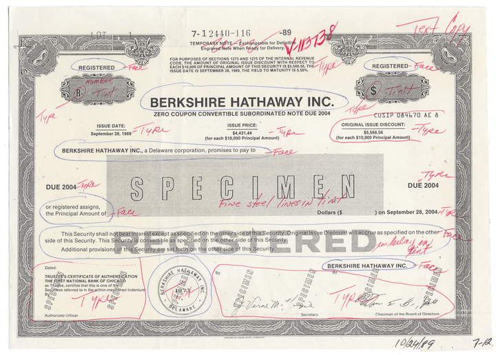 Working Proof from BERKSHIRE HATHAWAY for one the company's Convertible Subordinated Notes
