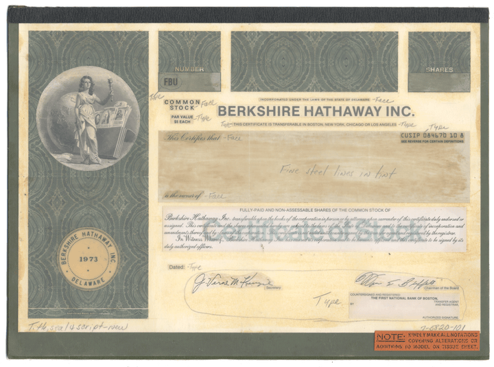 Working Proof from BERKSHIRE HATHAWAY for one the company's Common Stock
