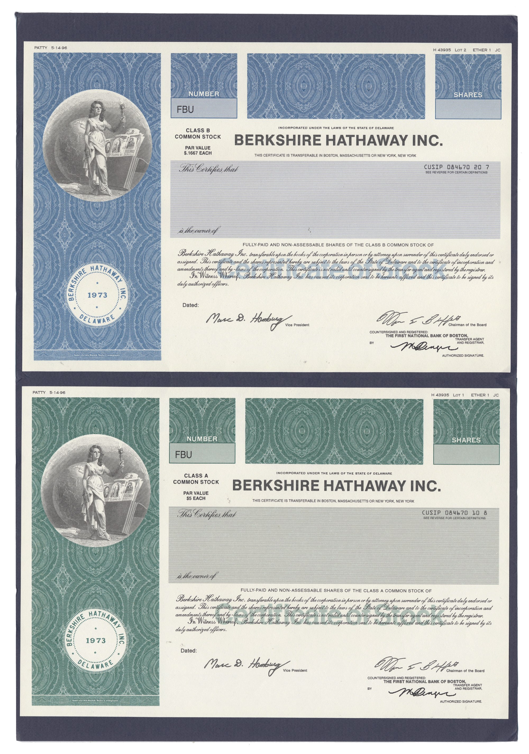 One-of-a-Kind BERKSHIRE HATHAWAY Final Proof Set of 2 Stock Certificates