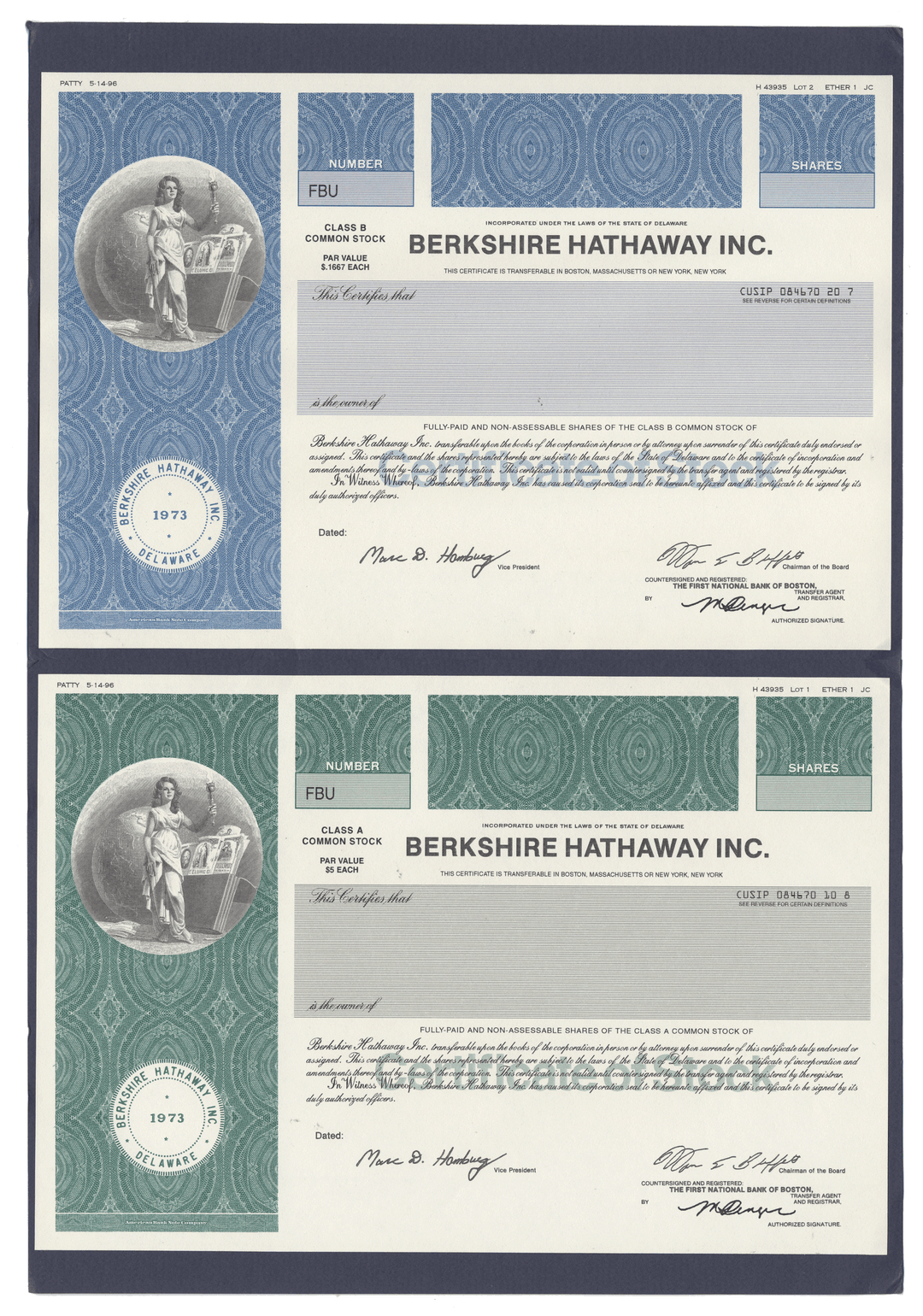 One-of-a-Kind BERKSHIRE HATHAWAY Final Proof Set of 2 Stock Certificates