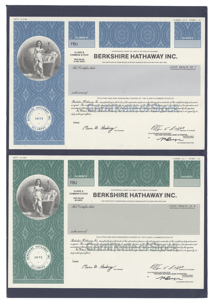 One-of-a-Kind BERKSHIRE HATHAWAY Final Proof Set of 2 Stock Certificates