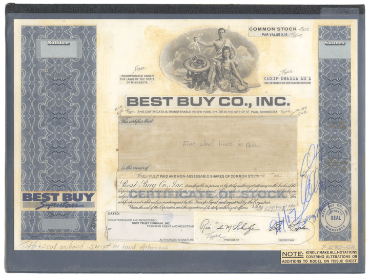 Very Rare BEST BUY Working Proof for the company's common stock