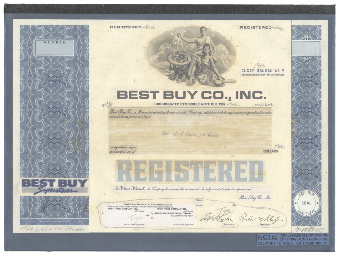 Very rare Working Proof from BEST BUY for one of the company's Registered Bonds