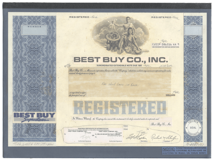 Very rare Working Proof from BEST BUY for one of the company's Registered Bonds