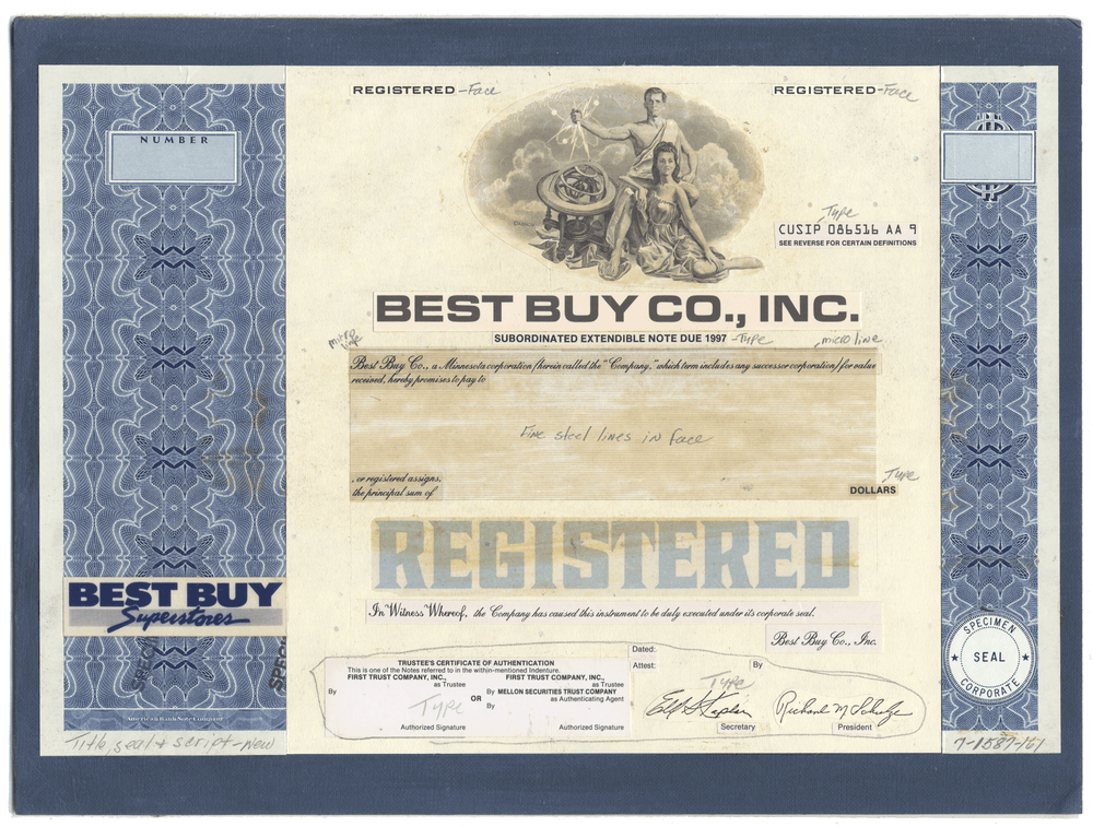 Very rare Working Proof from BEST BUY for one of the company's Registered Bonds