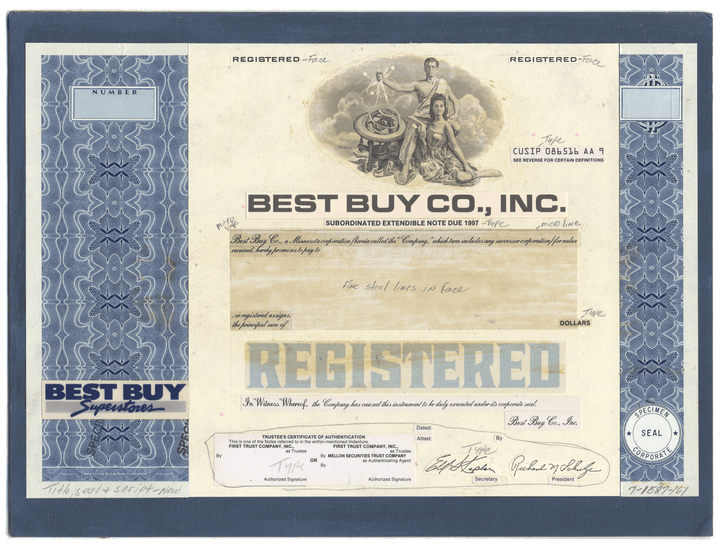 Very rare Working Proof from BEST BUY for one of the company's Registered Bonds