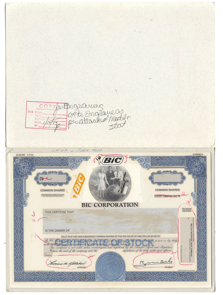 Working Proof from BIC Corporation for the company's Common Shares