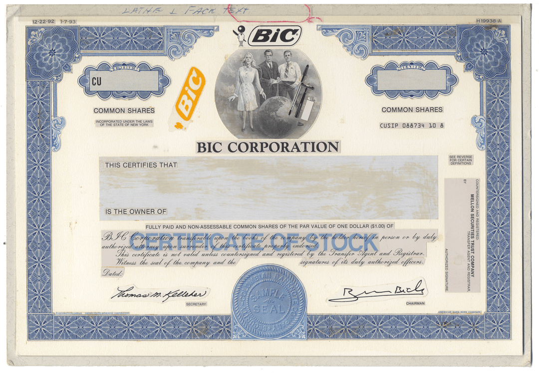 Working Proof from BIC Corporation for the company's Common Shares