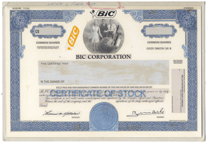 Working Proof from BIC Corporation for the company's Common Shares