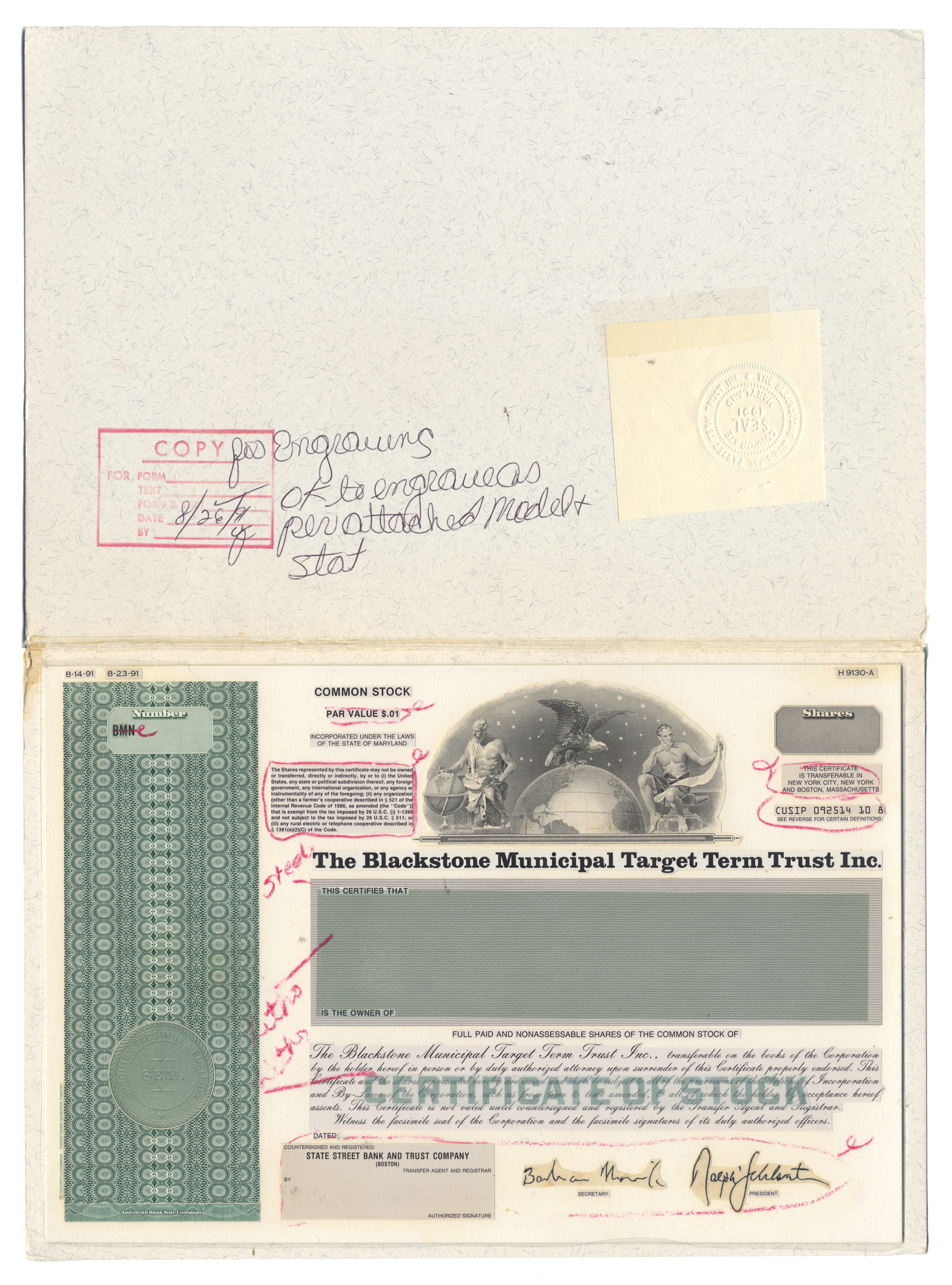 Working Proof from Blackstone Municipal Target Term Trust for the company's Common Stock