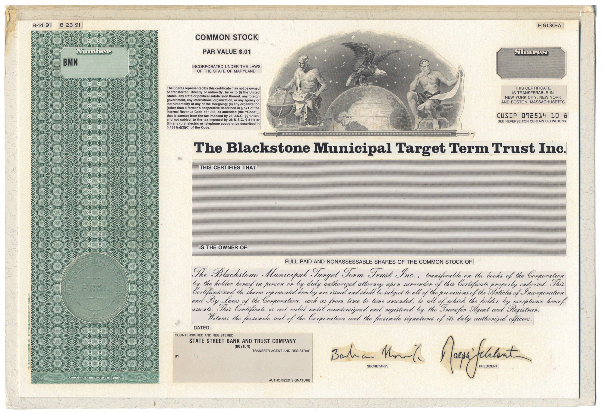 Working Proof from Blackstone Municipal Target Term Trust for the company's Common Stock