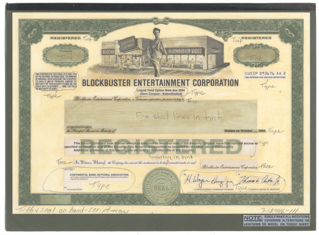 Working Proof from the Blockbuster Entertainment Corporation for the company's Registered Bonds