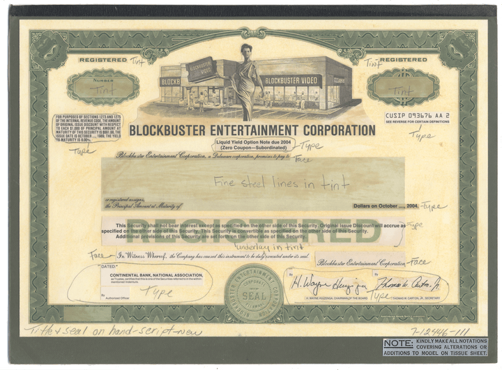 Working Proof from the Blockbuster Entertainment Corporation for the company's Registered Bonds