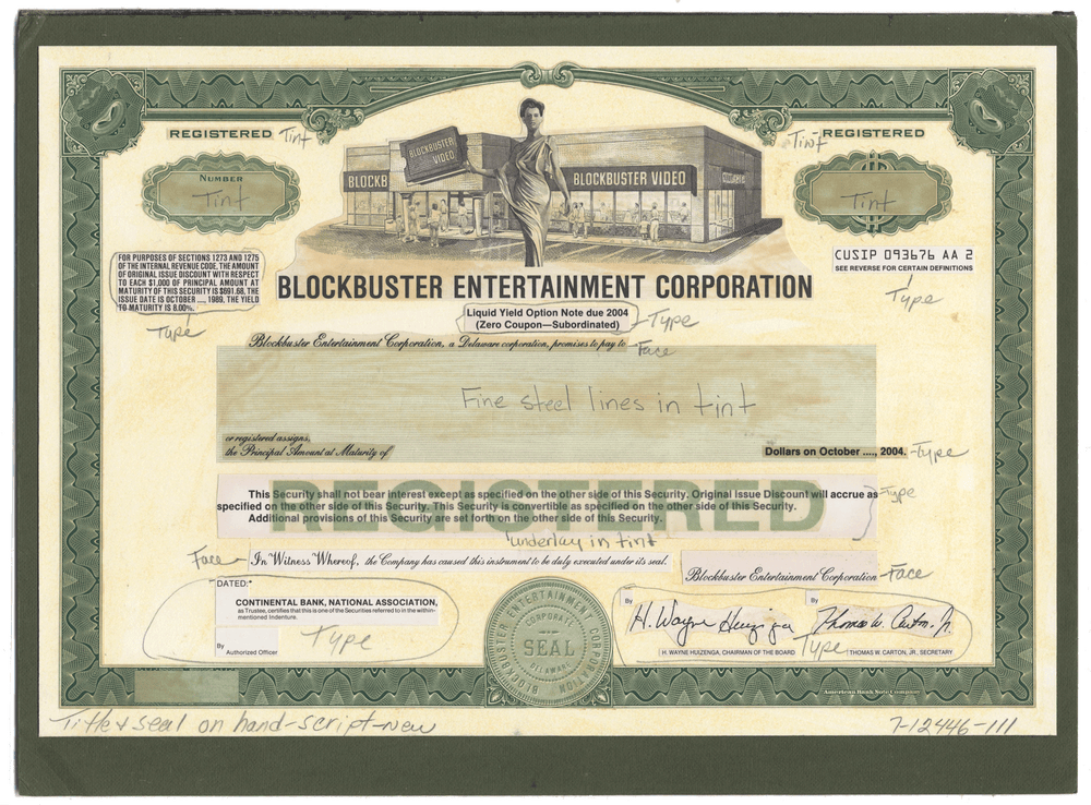 Working Proof from the Blockbuster Entertainment Corporation for the company's Registered Bonds