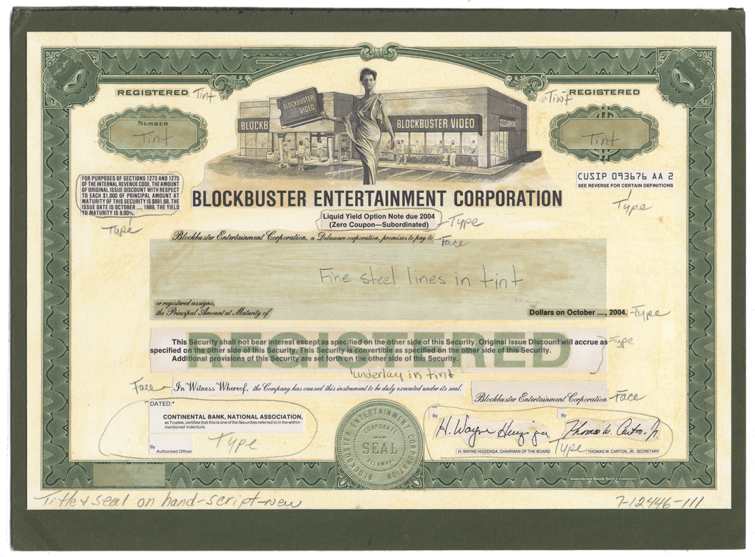 Working Proof from the Blockbuster Entertainment Corporation for the company's Registered Bonds