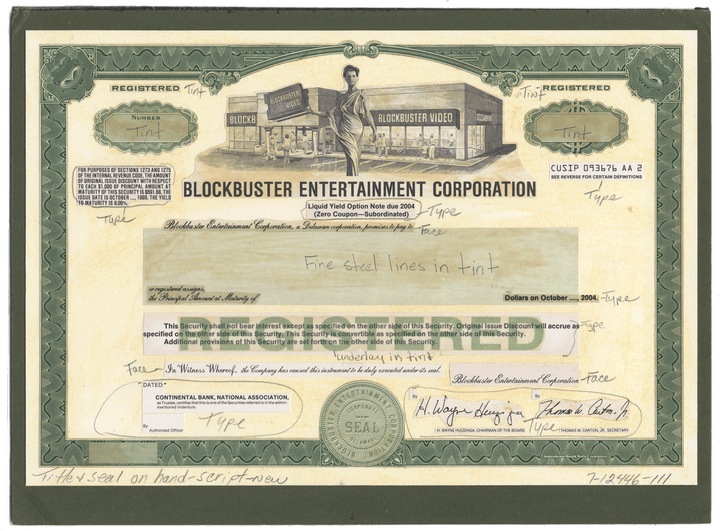 Working Proof from the Blockbuster Entertainment Corporation for the company's Registered Bonds