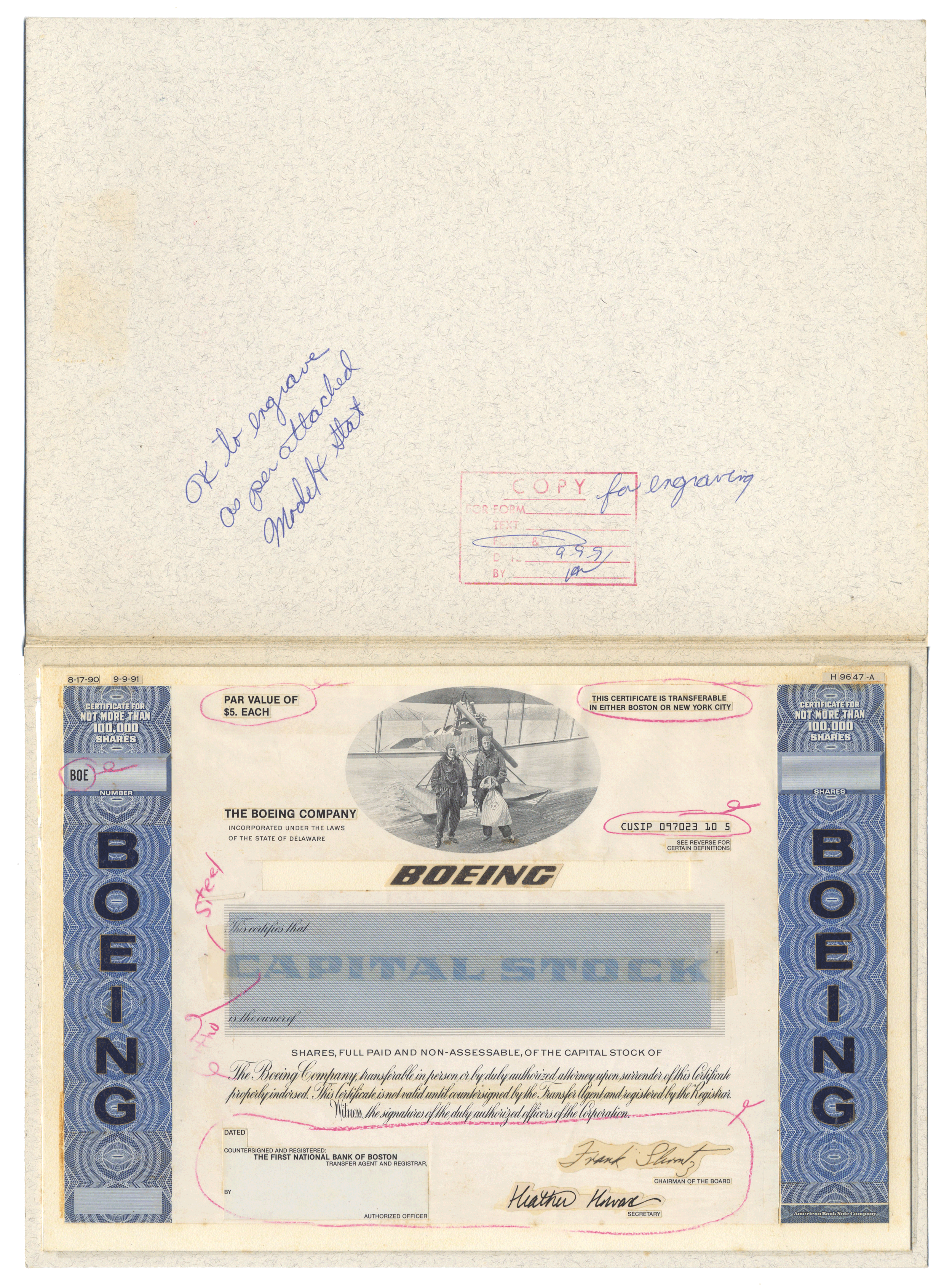 Extremely rare Boeing working proof for one of the company's stock certificates