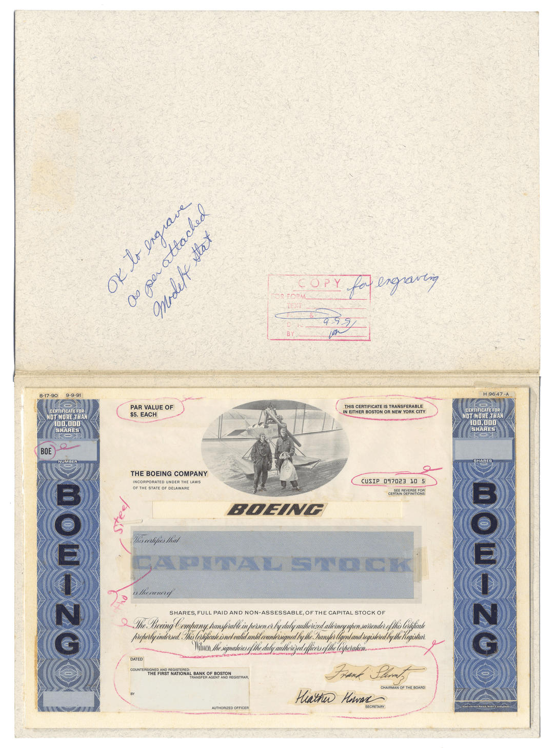 Extremely rare Boeing working proof for one of the company's stock certificates