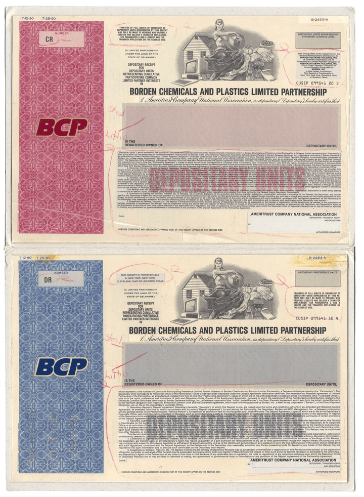 Rare Double BORDEN CHEMICALS Working Proof for the company's depositary units