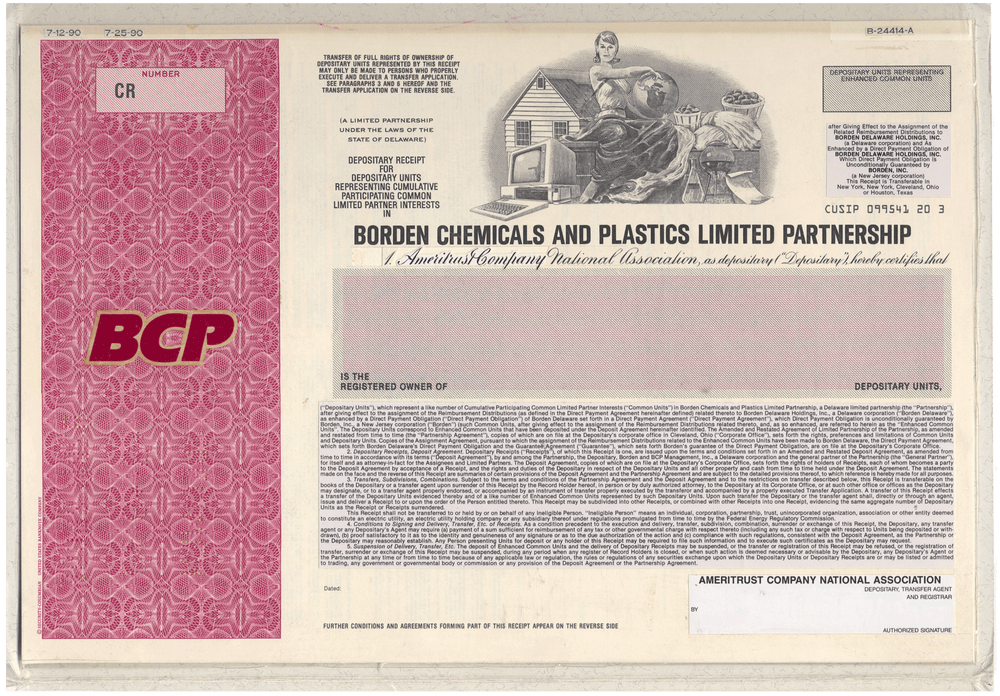 Rare Double BORDEN CHEMICALS Working Proof for the company's depositary units