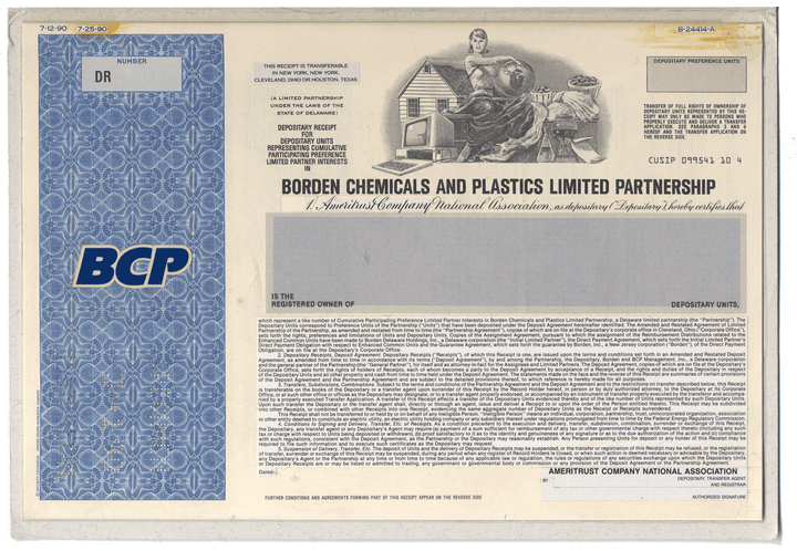 Rare Double BORDEN CHEMICALS Working Proof for the company's depositary units