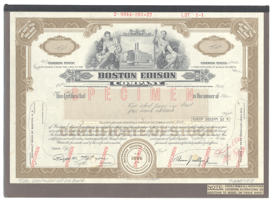 Rare BOSTON EDISON Working Proof for one of the company's common stock certificates