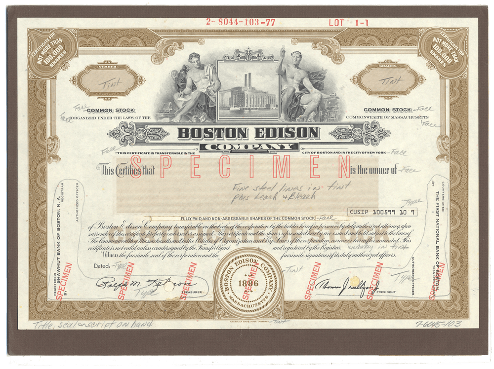 Rare BOSTON EDISON Working Proof for one of the company's common stock certificates