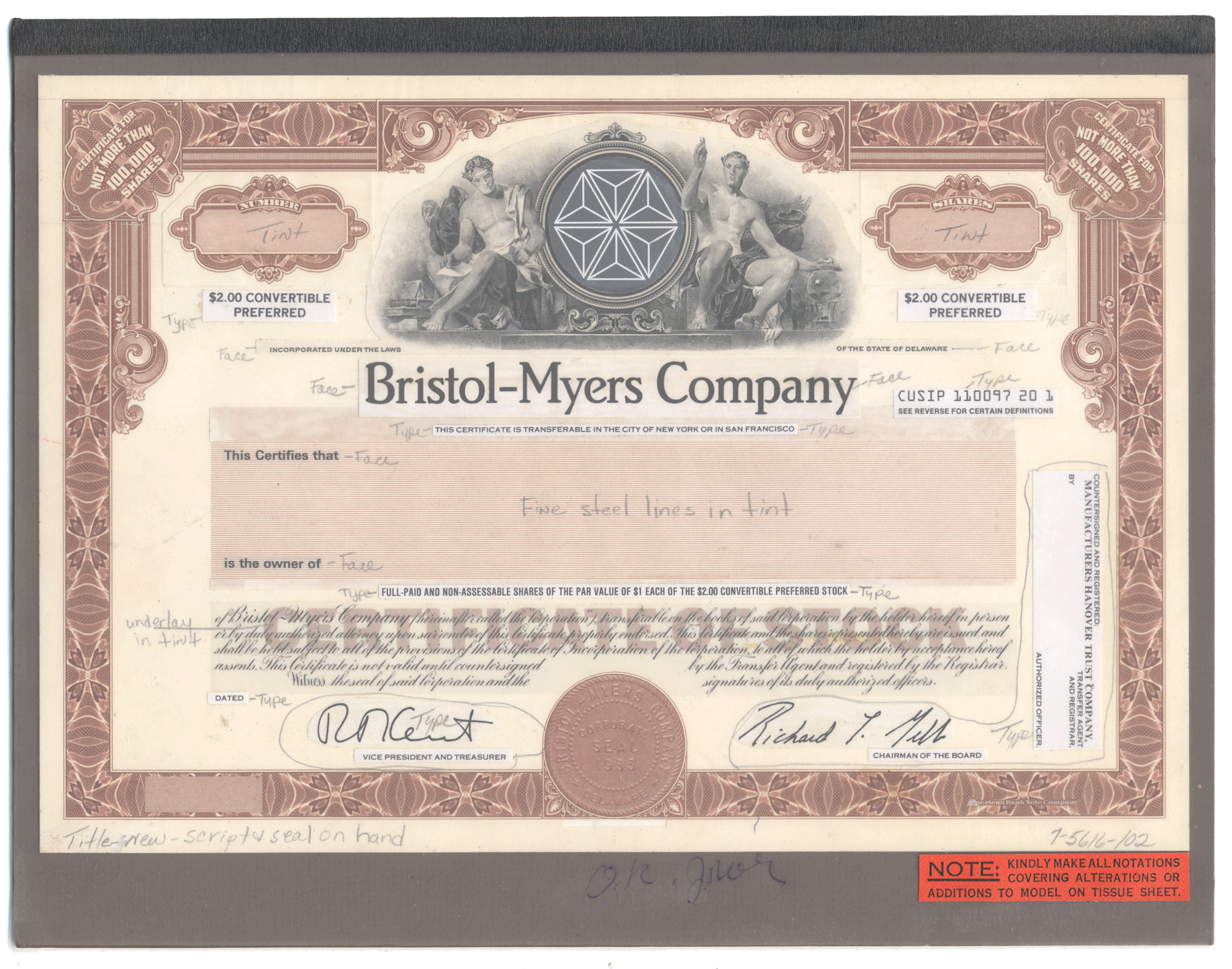 Rare BRISTOL-MYERS Working Proof  for the company's convertible preferred stock