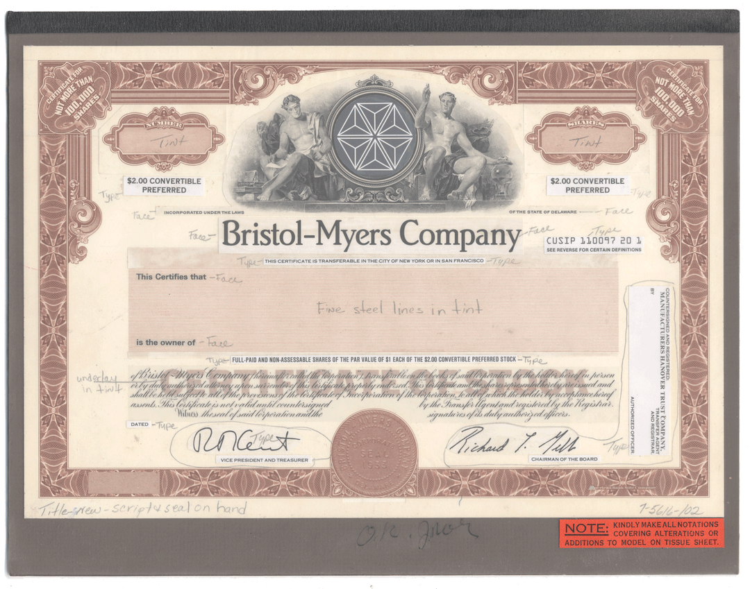 Rare BRISTOL-MYERS Working Proof  for the company's convertible preferred stock