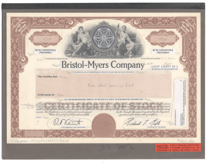 Rare BRISTOL-MYERS Working Proof  for the company's convertible preferred stock
