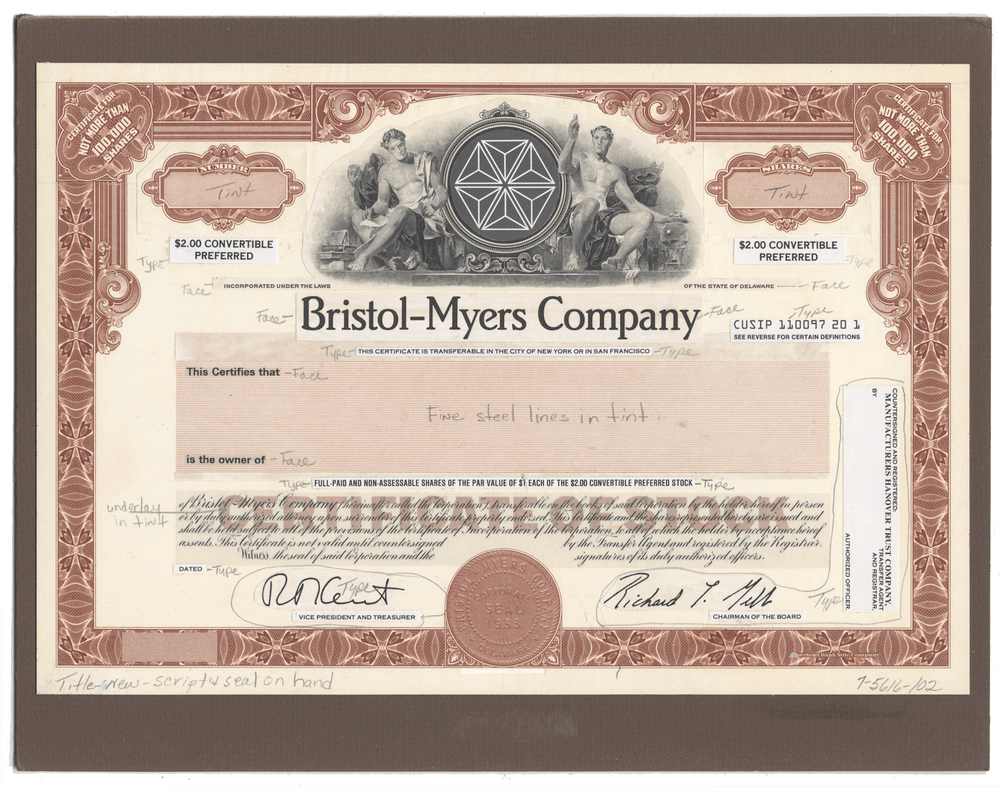 Rare BRISTOL-MYERS Working Proof  for the company's convertible preferred stock