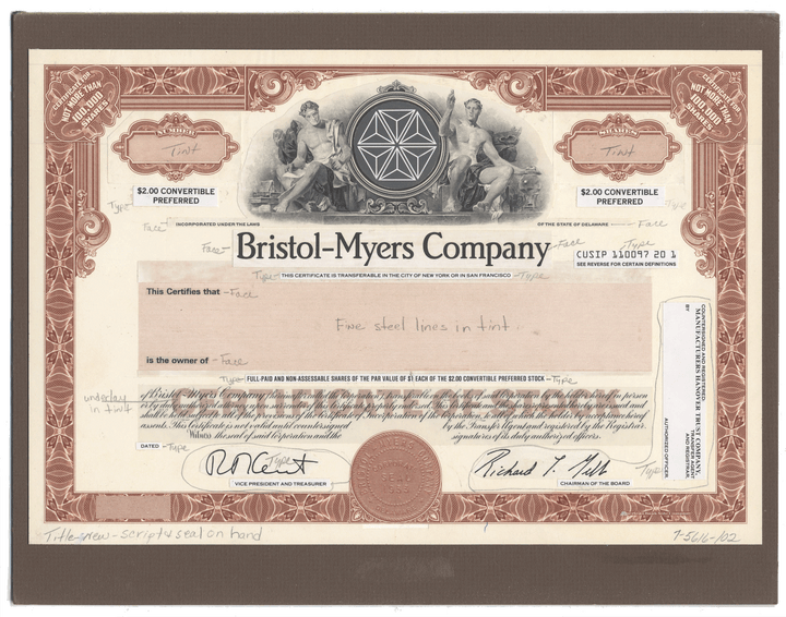 Rare BRISTOL-MYERS Working Proof  for the company's convertible preferred stock