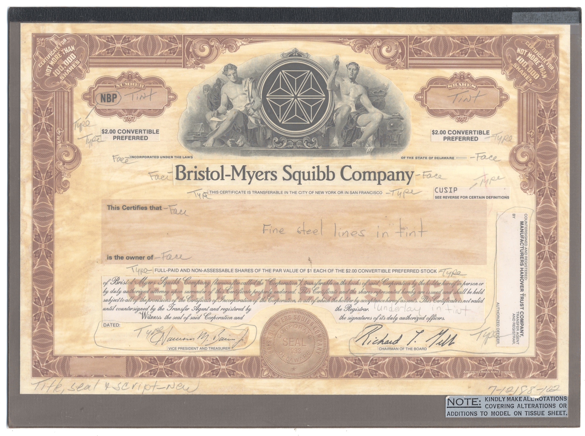 Working Proof from Bristol-Myers Squibb for the company's Convertible Preferred Stock