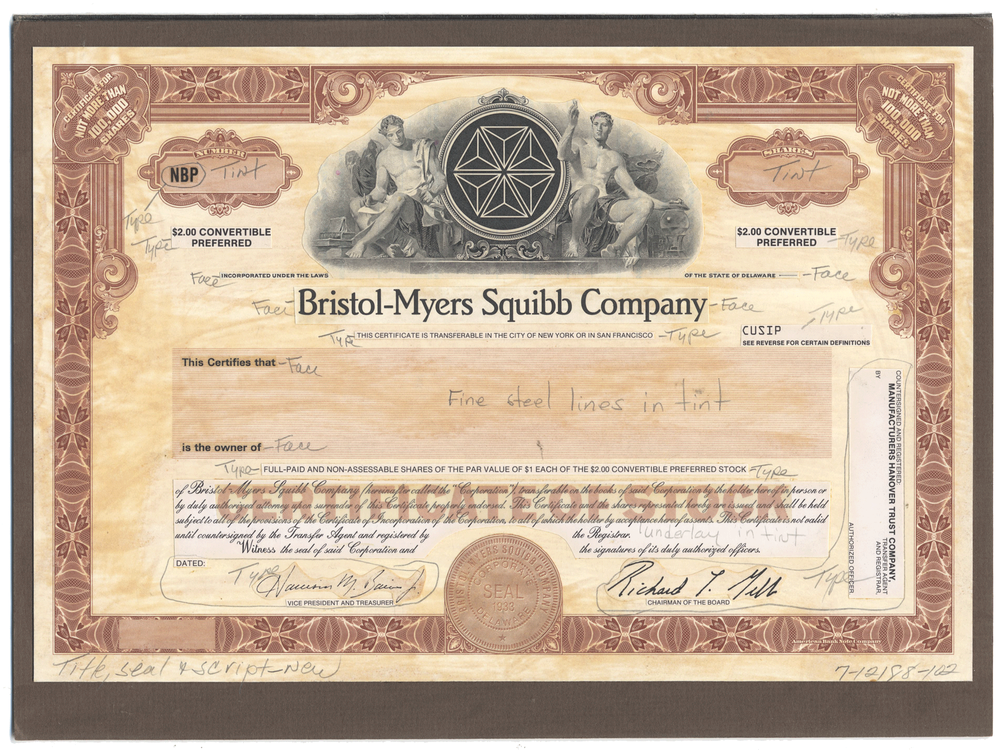 Working Proof from Bristol-Myers Squibb for the company's Convertible Preferred Stock
