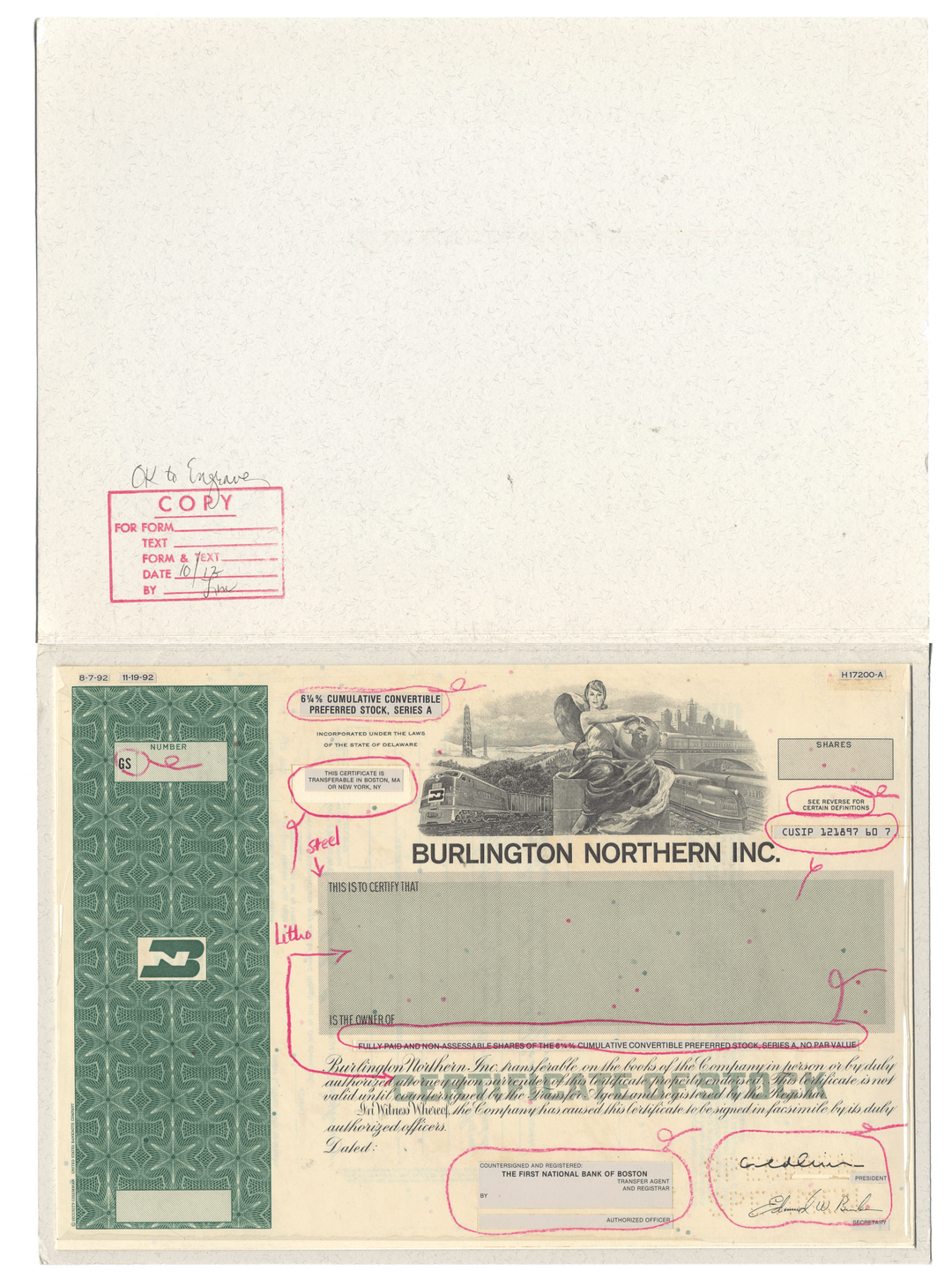 Working Proof from BURLINGTON NORTHERN for one of the company's Cumulative Preferred stock certificates