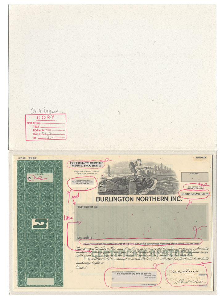 Working Proof from BURLINGTON NORTHERN for one of the company's Cumulative Preferred stock certificates