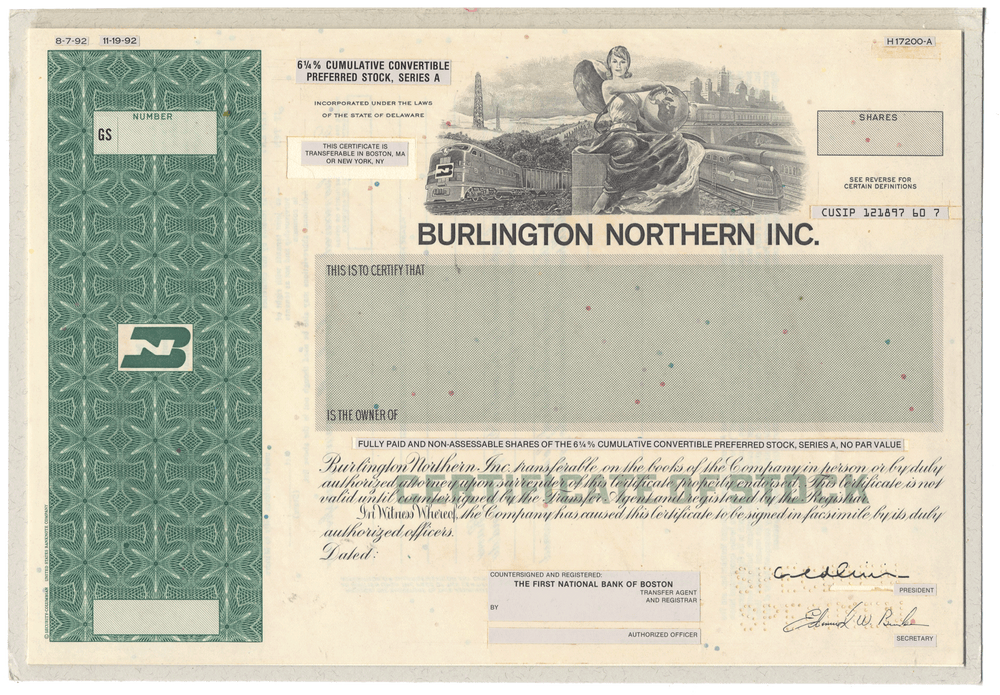 Working Proof from BURLINGTON NORTHERN for one of the company's Cumulative Preferred stock certificates