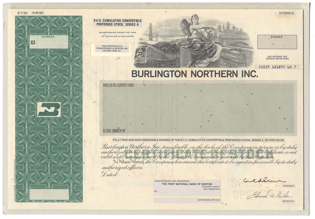 Working Proof from BURLINGTON NORTHERN for one of the company's Cumulative Preferred stock certificates