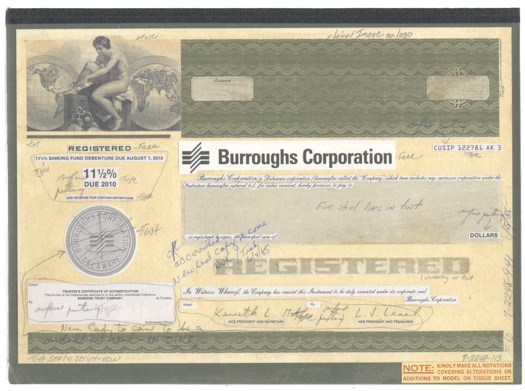 Very rare Burroughs Corporation working proof for one of the company's subordinated debenture bonds