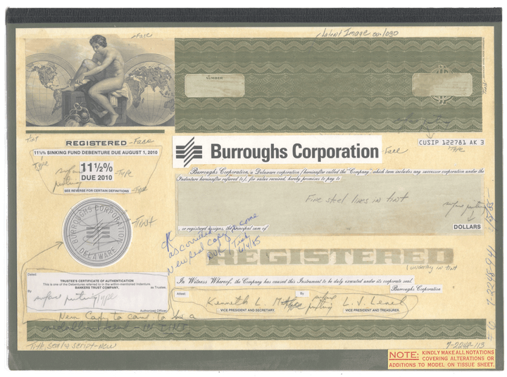 Very rare Burroughs Corporation working proof for one of the company's subordinated debenture bonds