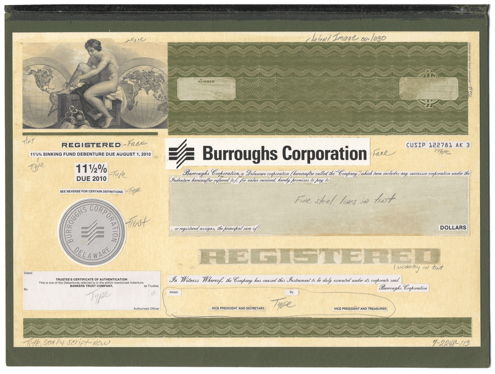 Very rare Burroughs Corporation working proof for one of the company's subordinated debenture bonds