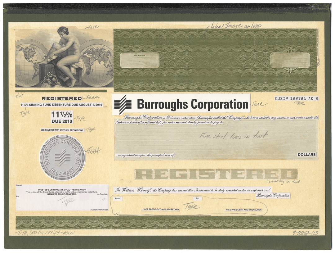 Very rare Burroughs Corporation working proof for one of the company's subordinated debenture bonds