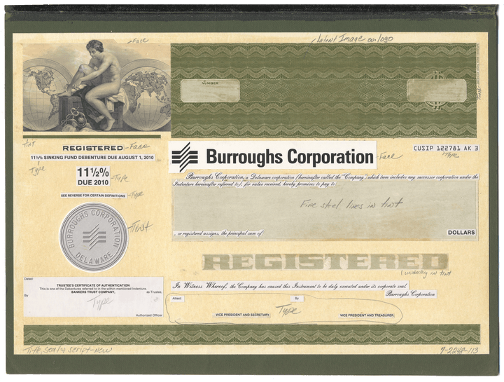 Very rare Burroughs Corporation working proof for one of the company's subordinated debenture bonds