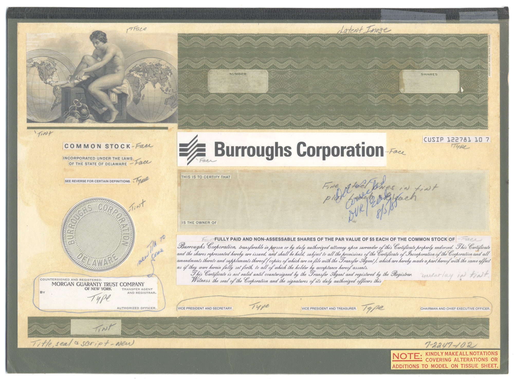 Working Proof from BURROUGHS of the company's Common Stock