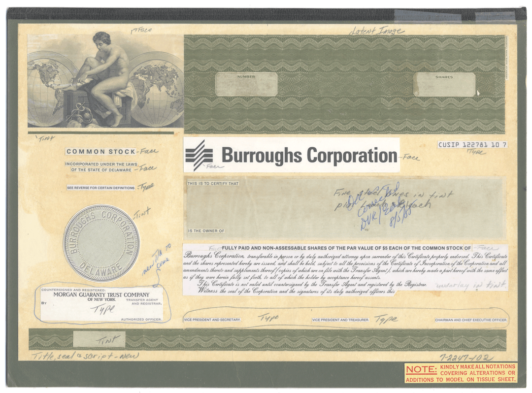 Working Proof from BURROUGHS of the company's Common Stock
