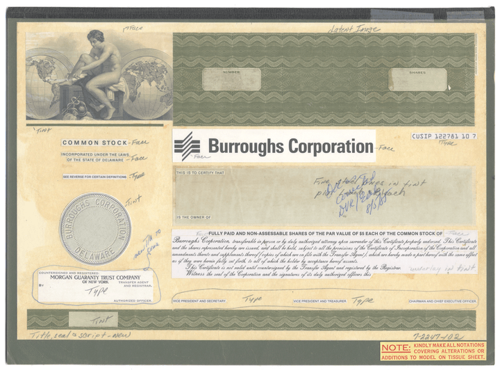 Working Proof from BURROUGHS of the company's Common Stock
